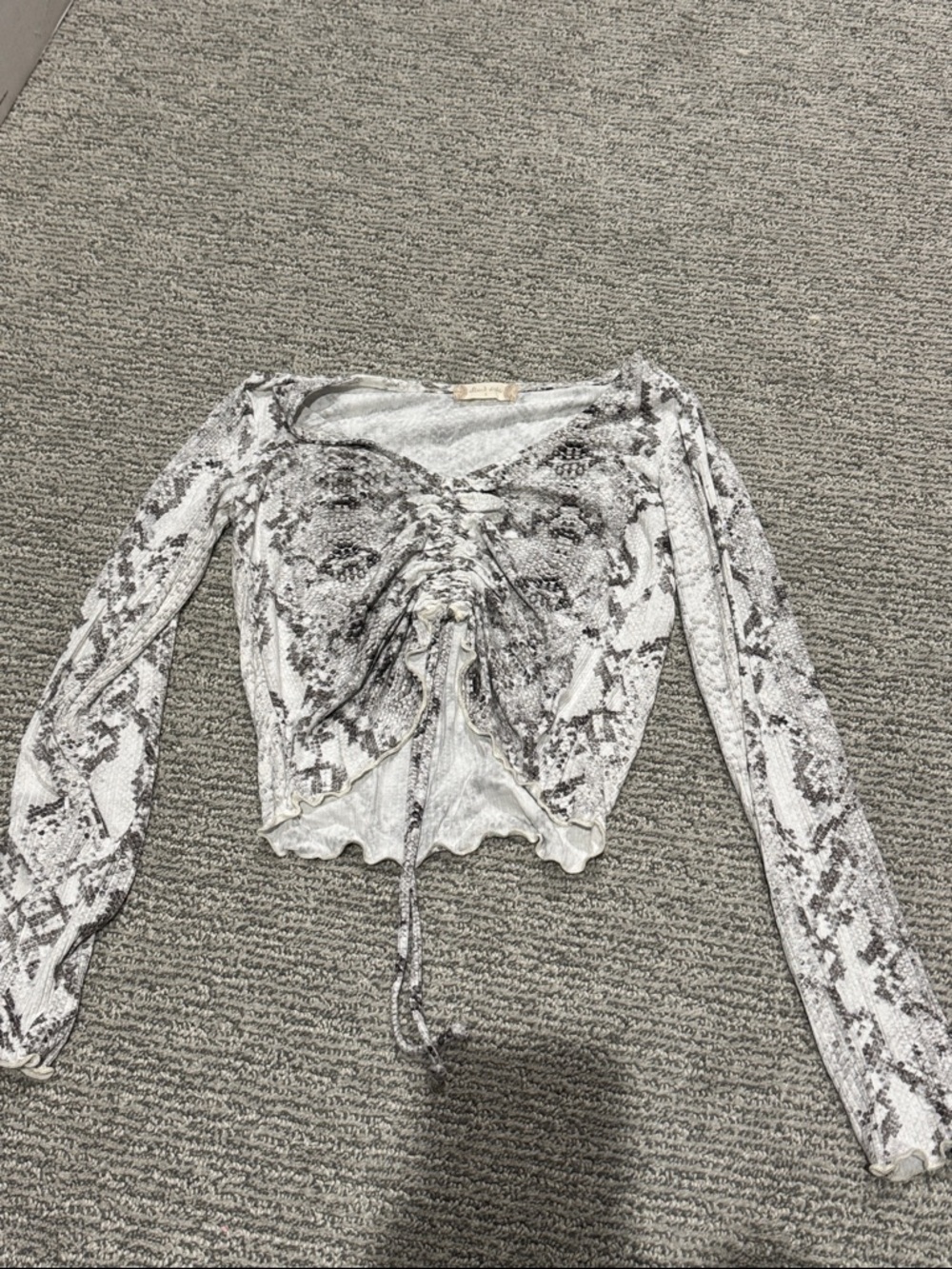 Altar'd State White and Gray Snake-Print Ruched Front Long Sleeve Top